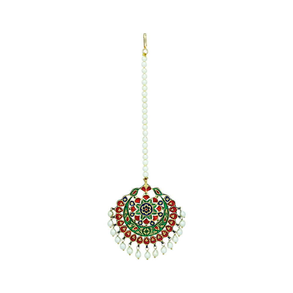 Emerald and Ruby Floral Polki Mangtikka with Pearl Drops